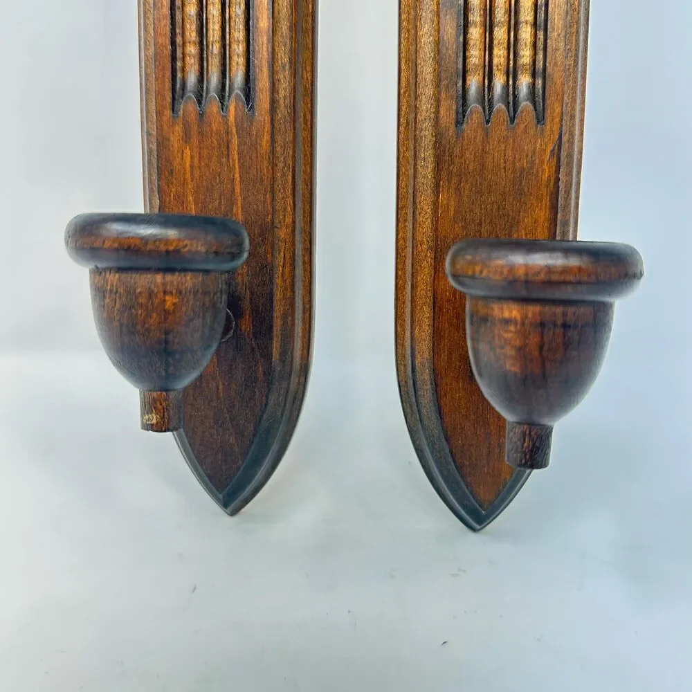 Vintage Wood Wall Candle Sconces Pair Gothic Arch Mid Cen Fluted Taper Holders